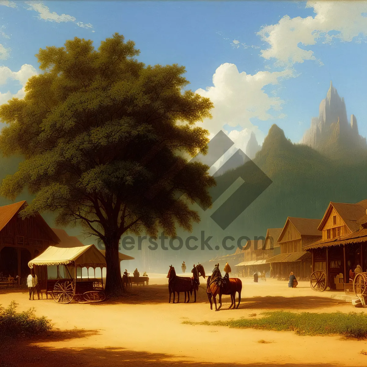 Picture of Snowy mountain sunset over farm building