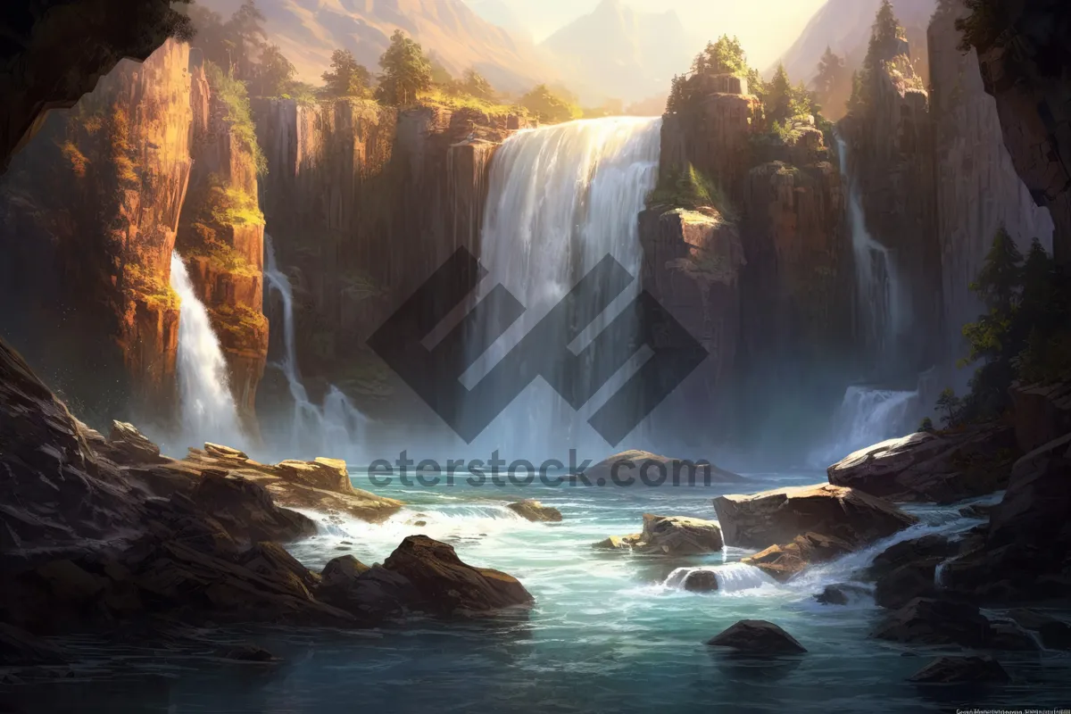 Picture of Scenic waterfall in peaceful forest landscape.