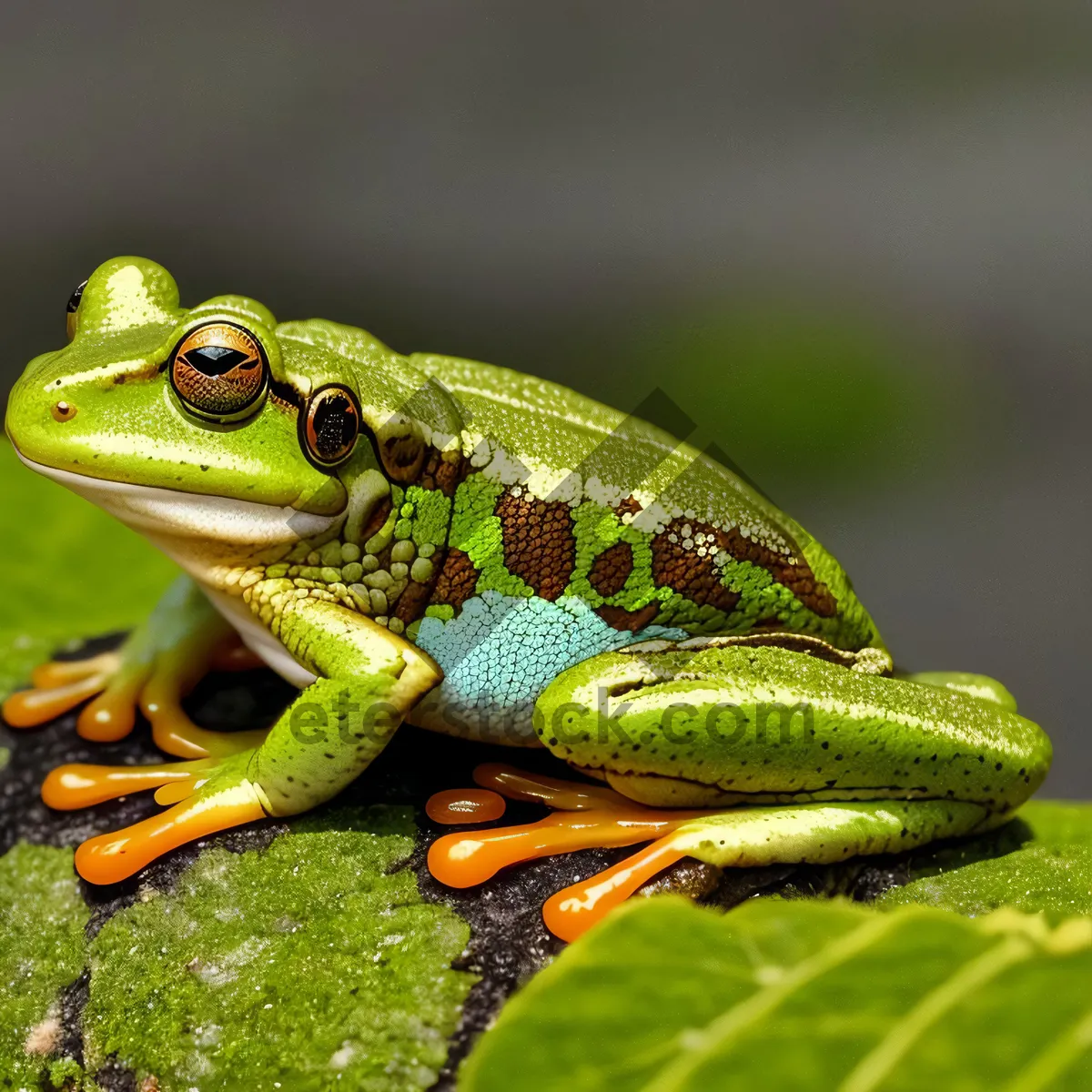 Picture of Vibrant-eyed Tree Frog Peering through Leaf