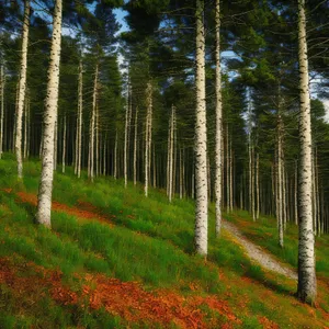 Sunny Forest Path with Birch Trees