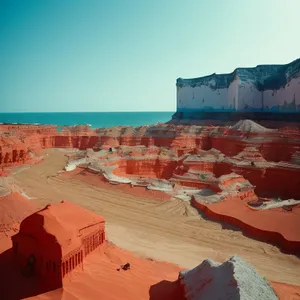 Sandy Desert Cityscape with Old Church and Panoramic Sea View