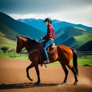 Equestrian Trainer Riding Thoroughbred Horse in Field