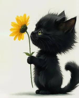 Fluffy Black Kitten With Yellow Daisy