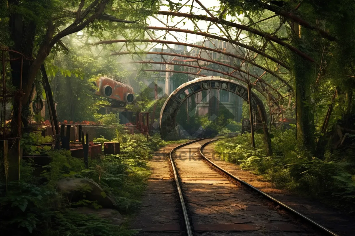 Picture of Traveling through park bridge surrounded by trees and greenery.