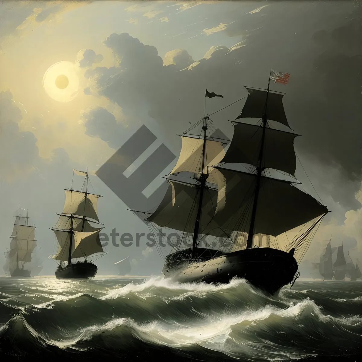 Picture of Pirate ship silhouette at sunset on the sea.