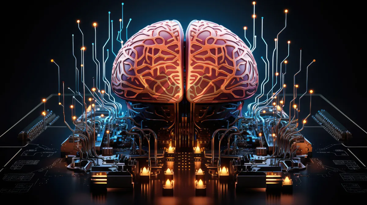 Picture of Sci-fi concept. The central computer processor in the form of an artificial brain microchip as the main element of the artificial intelligence system is installed on the motherboard of the supercomputer