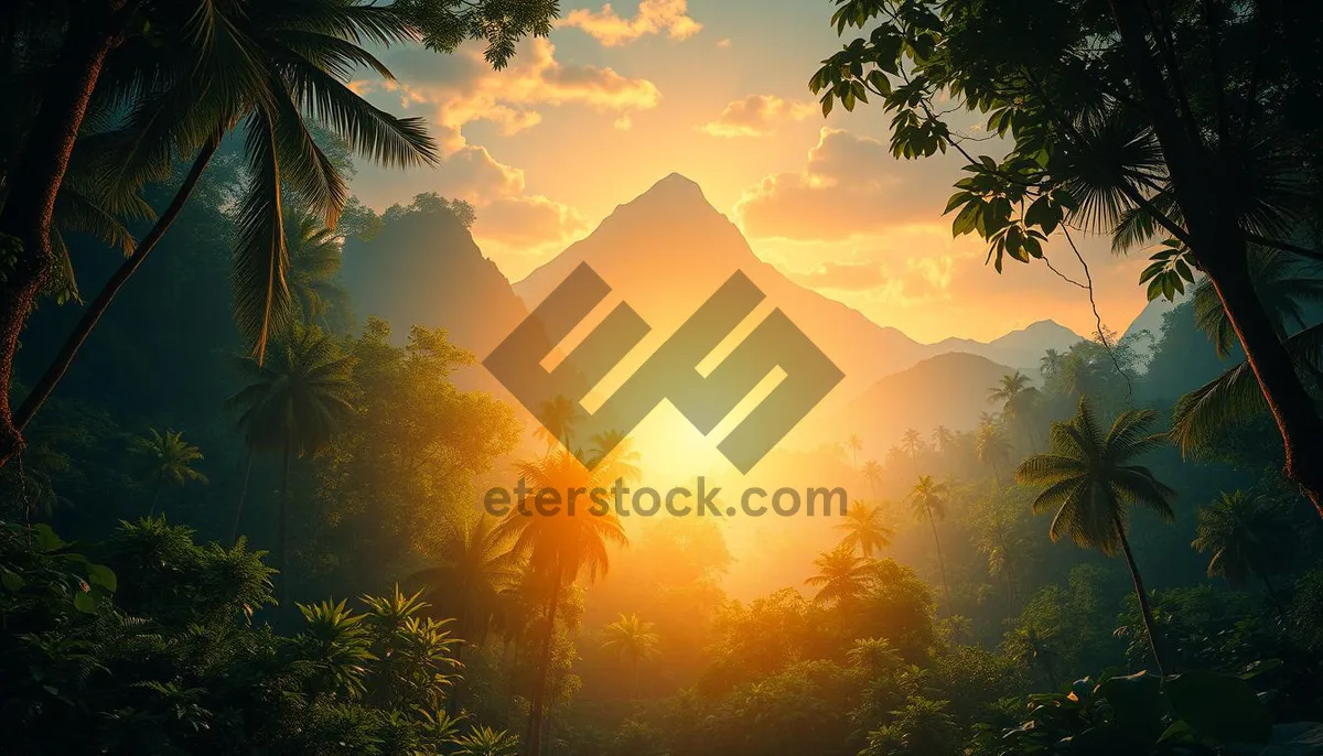Picture of Silhouette palm tree at mystical sunset beach landscape