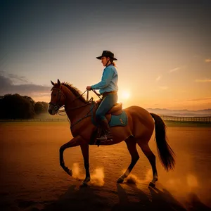 Sunset Ride: Majestic cowboy on horseback with stock saddle
