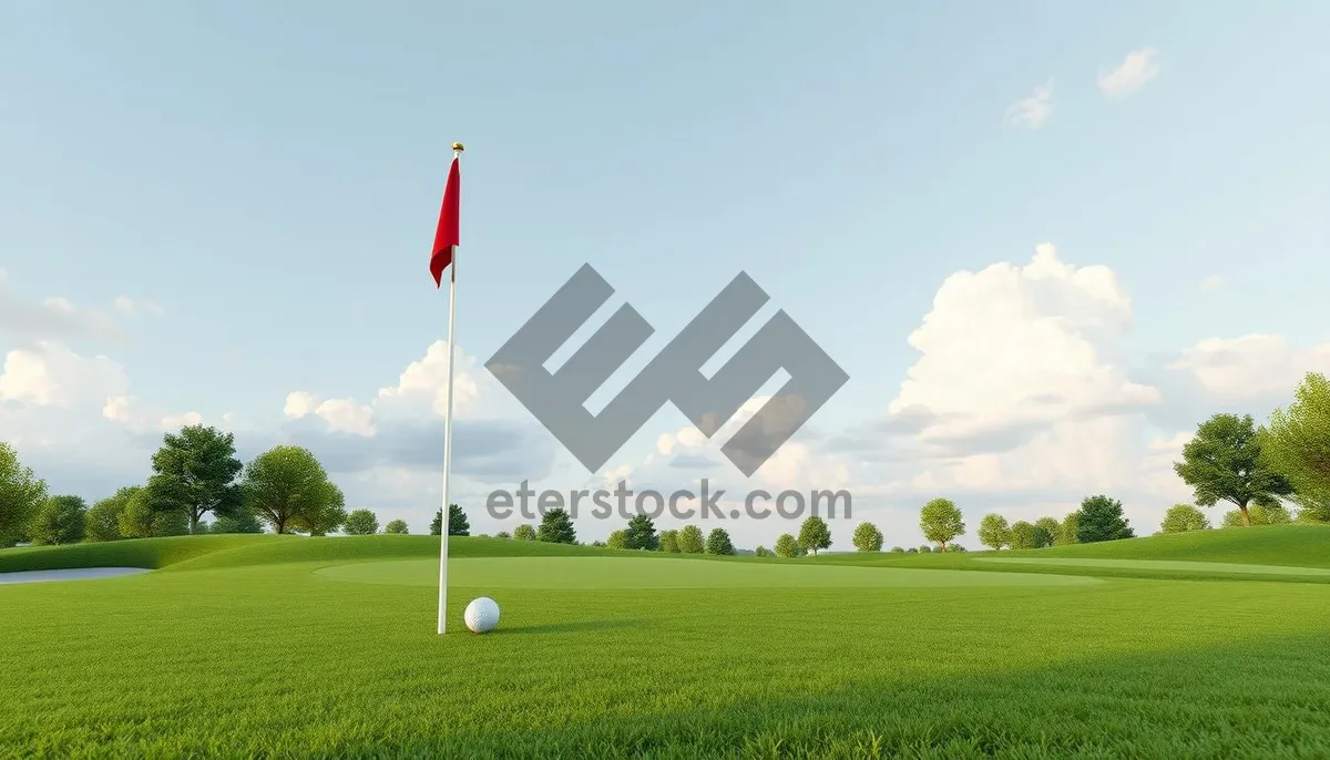 Picture of Golfer practicing under colorful flag in sunny landscape.