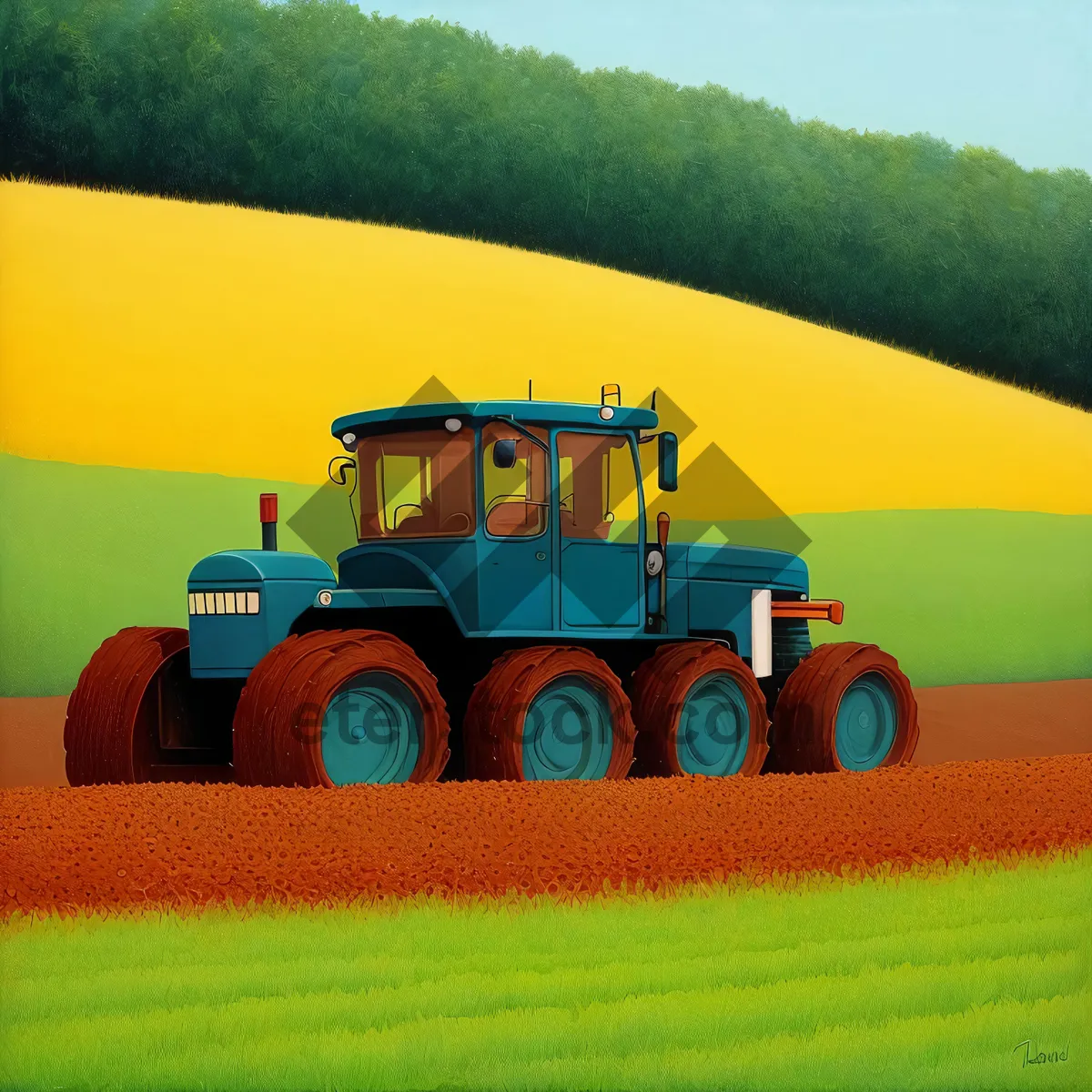 Picture of Rural Farming Landscape with Harvesting Machinery and Tractor