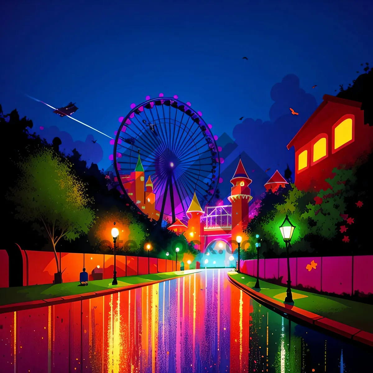 Picture of Nighttime Skyline: Vibrant Ferris Wheel in Urban Park