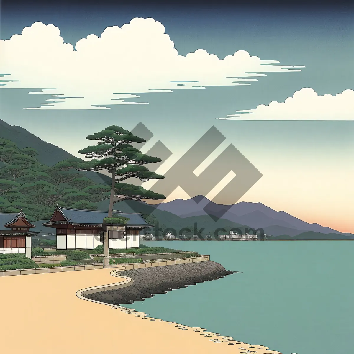 Picture of Serenity by the Shore: Tranquil lake surrounded by majestic mountains and a clear blue sky