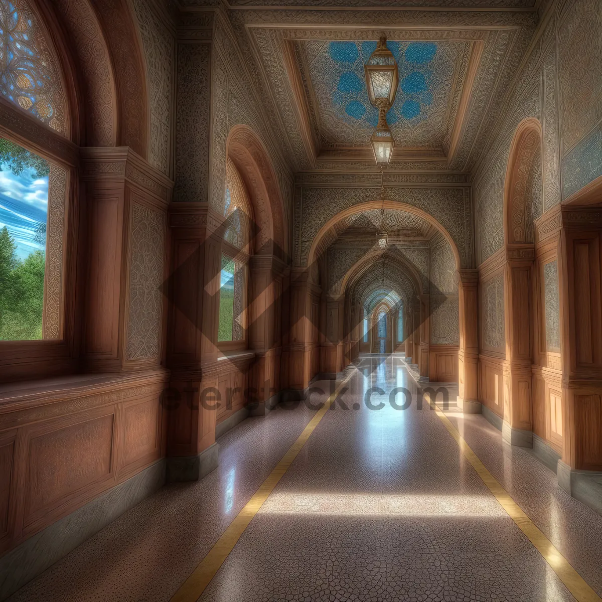 Picture of Ancient Cathedral Hall with Ornate Vaulted Ceiling.