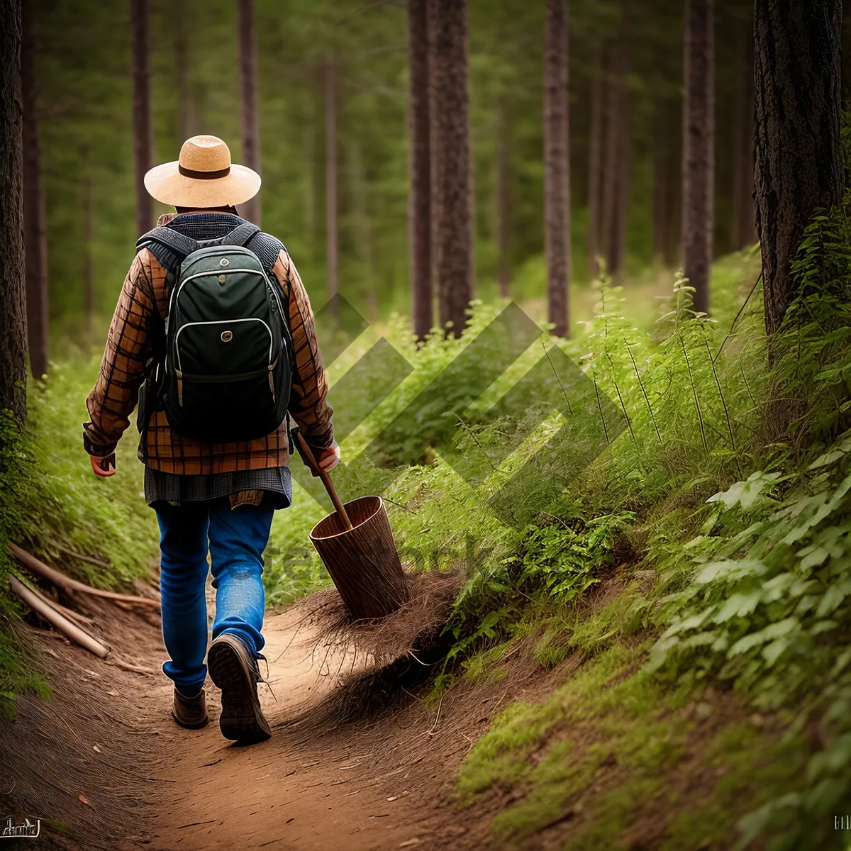 Picture of Male Farmer Hiking through Forest