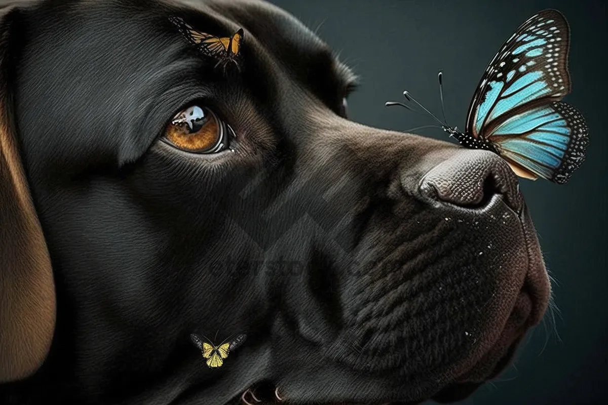 Picture of Black hunting dog portrait with cute brown nose.