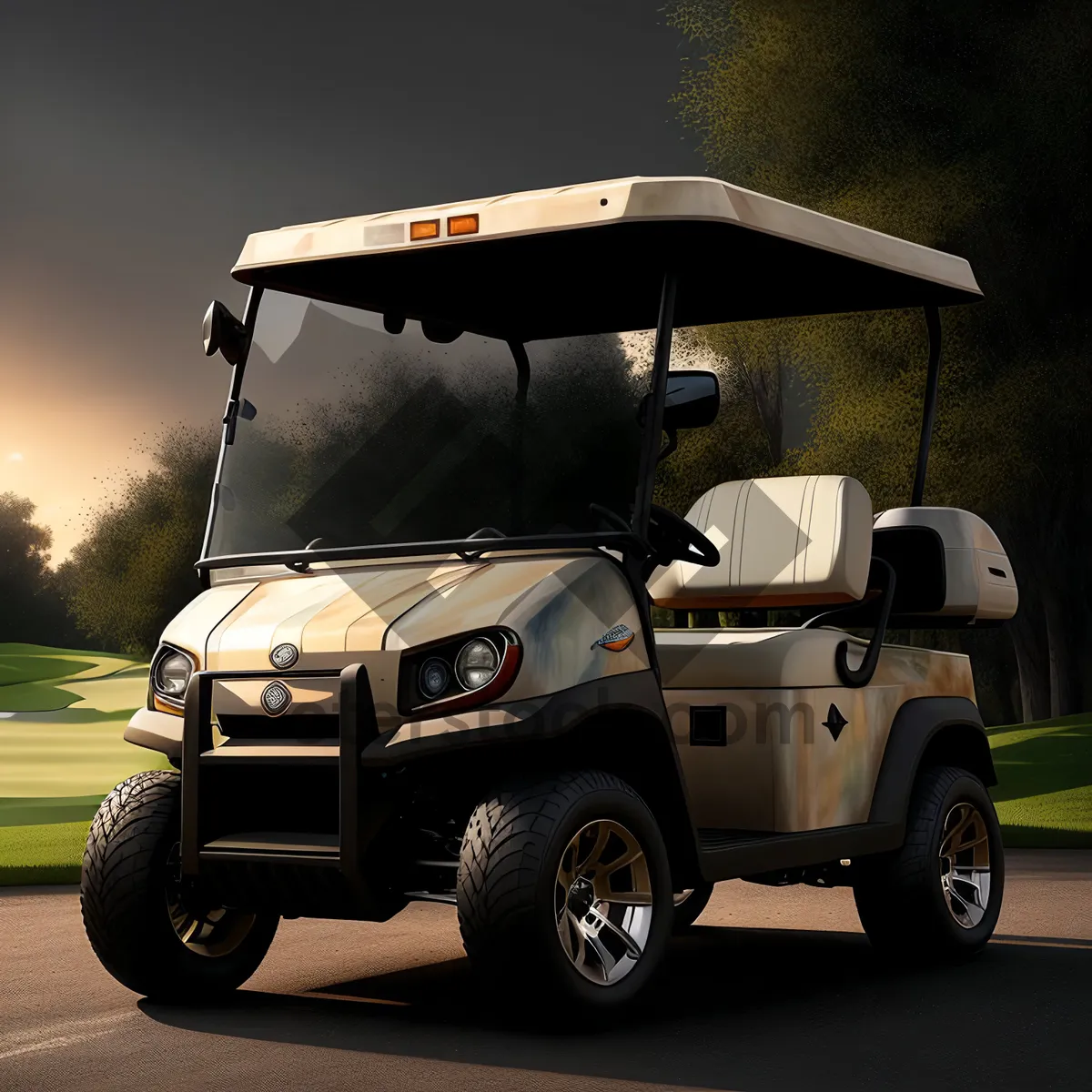 Picture of Golf car speeding along a scenic road