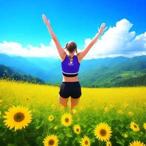 Happy woman jumping in field of sunflowers