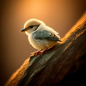 Sparrow Perched on Tree Branch with Feathery Beak