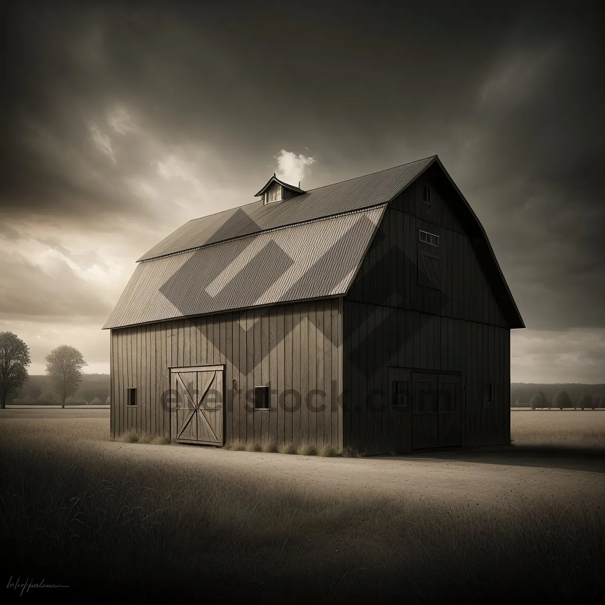 Picture of Rustic Farmhouse Beneath Clear Rural Sky