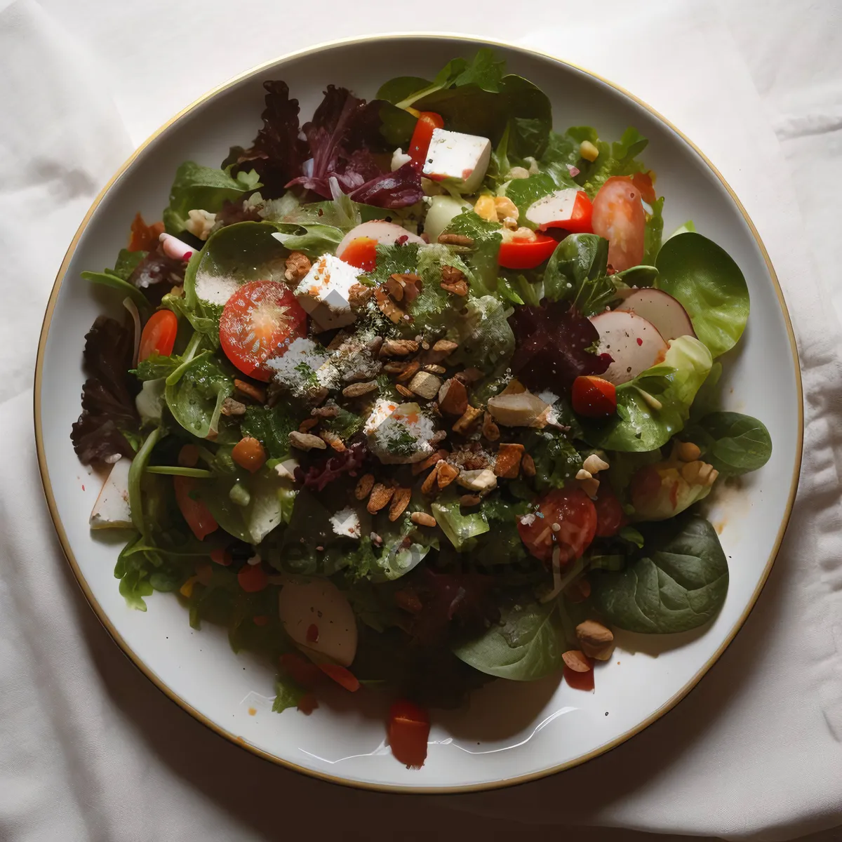 Picture of Gourmet salad with fresh vegetables and savory meat