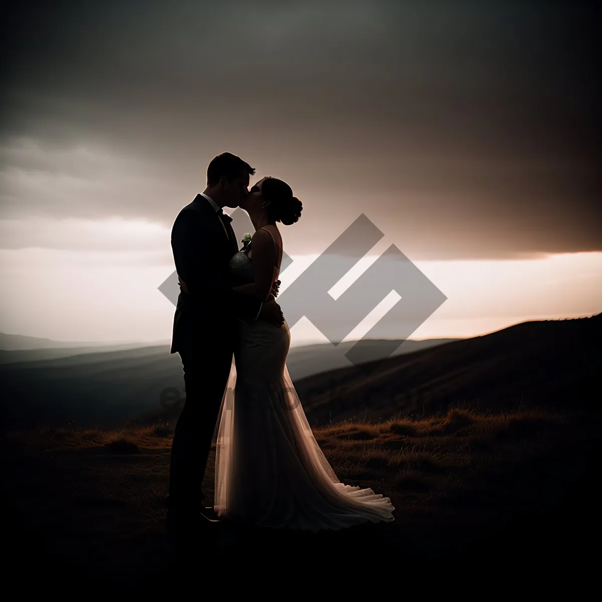 Picture of Golden Sunset Embraces Newlywed Couple on Beach