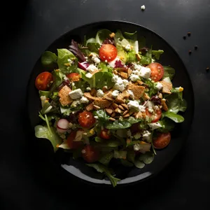 Fresh vegetable salad with chickpeas and tomato.