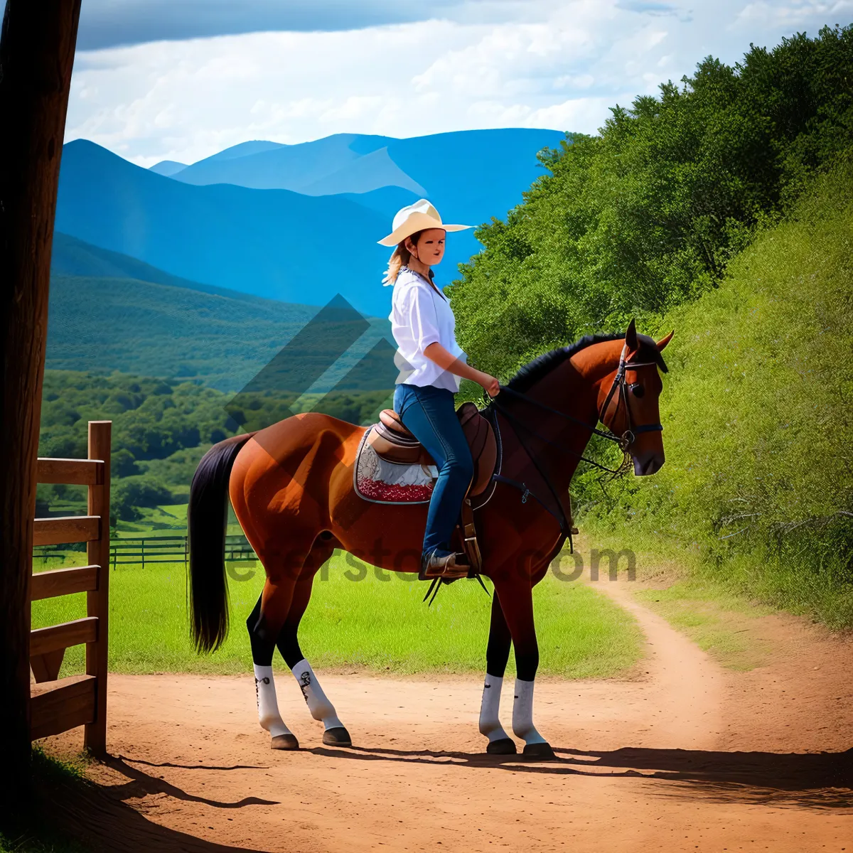 Picture of Brown Stallion in Ranch Field - Equestrian Sport