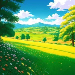 Sunny Hill with Clouds and Rapeseed Field