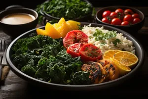 Fresh vegetable salad plate with delicious tomato and basil dressing.