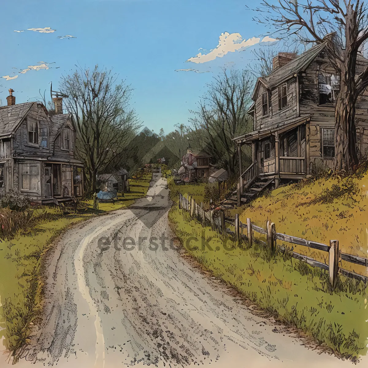 Picture of Serene Rural Landscape with Tree-lined Road and Snow