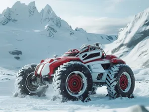 Snowy Mountain Landscape with Car Wheel on Peak