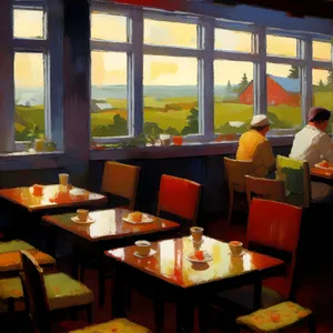 Modern restaurant interior with wooden furniture and glass windows