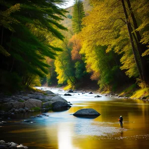 Autumn Reflections: Serene river amidst vibrant foliage