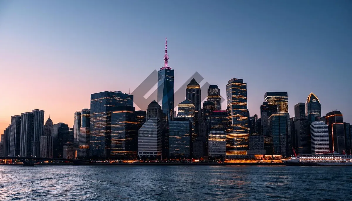 Picture of Modern city skyline at sunset with waterfront reflection.