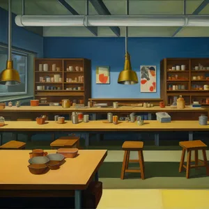 Modern office interior with wooden furniture and floor lamp