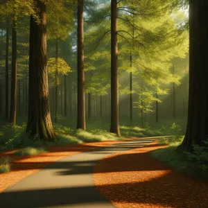 Serene Sunlit Forest Path in Autumn