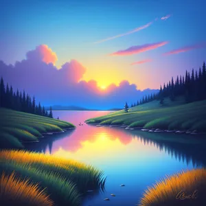 Serene Sunset Reflection over Lakeside Landscape