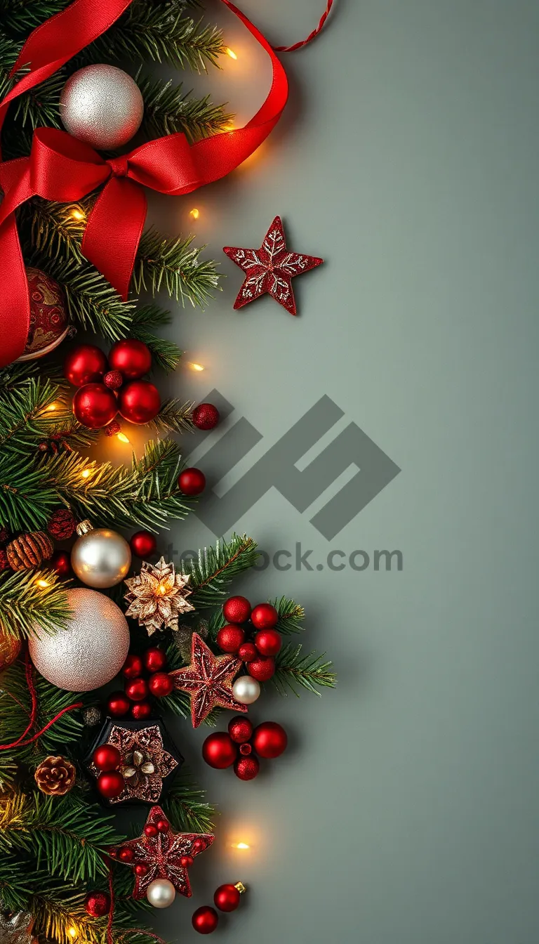 Picture of Shiny Golden Ornaments on Evergreen Tree Branches