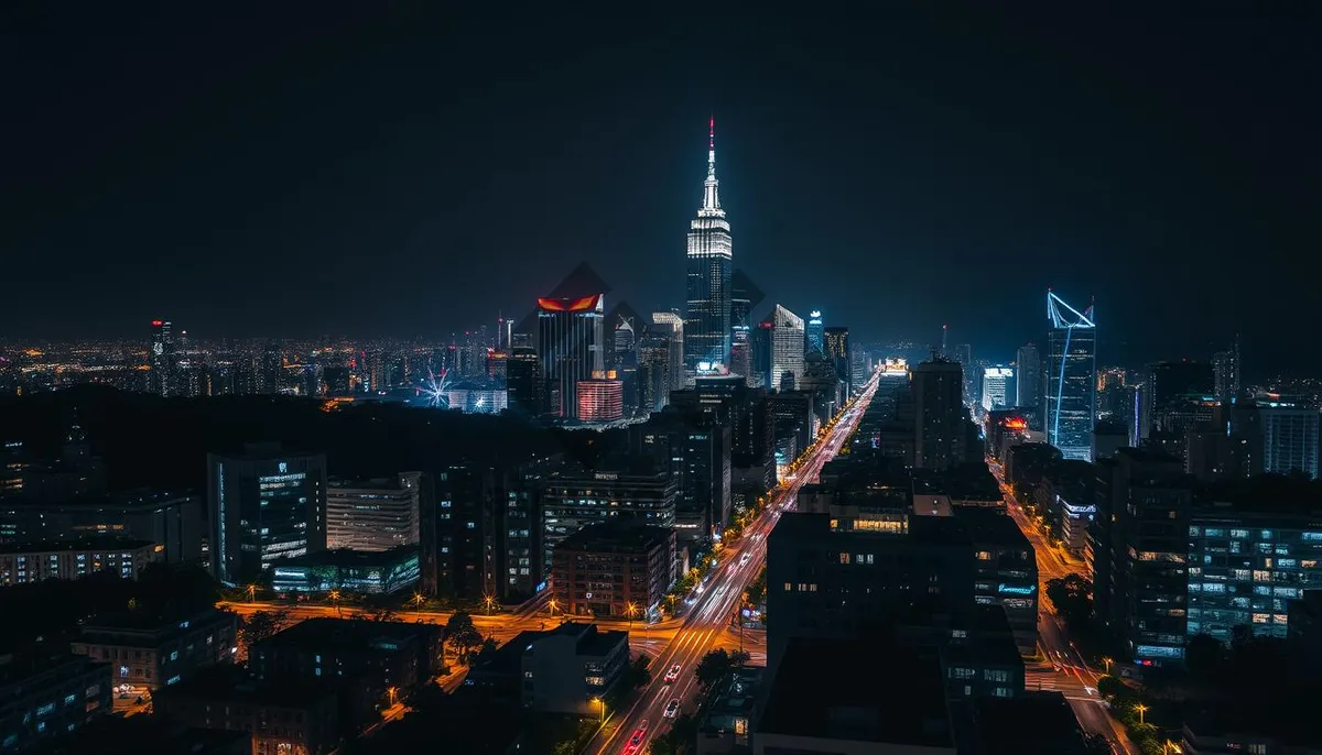 Picture of City skyline at night with illuminated buildings and ships