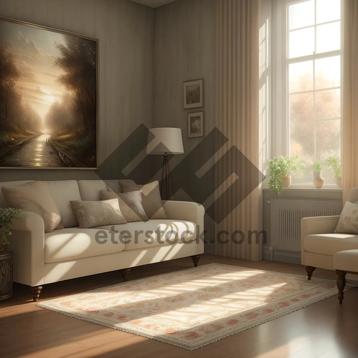 Picture of Modern Living Room with Stylish Sofa and Lamp