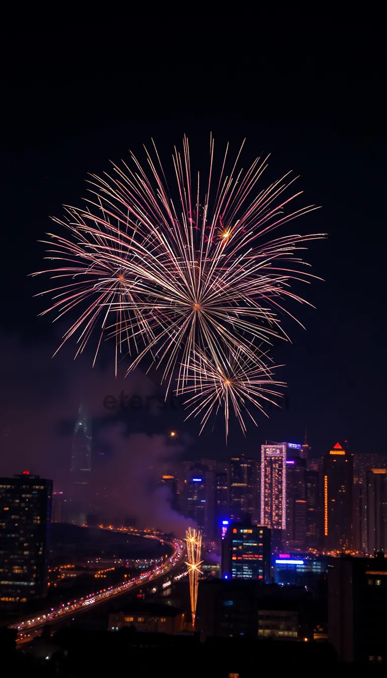 Picture of Nighttime fireworks display lighting up the city sky