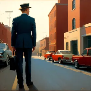 Successful businessman in suit and hat, overseeing construction site from a luxury car