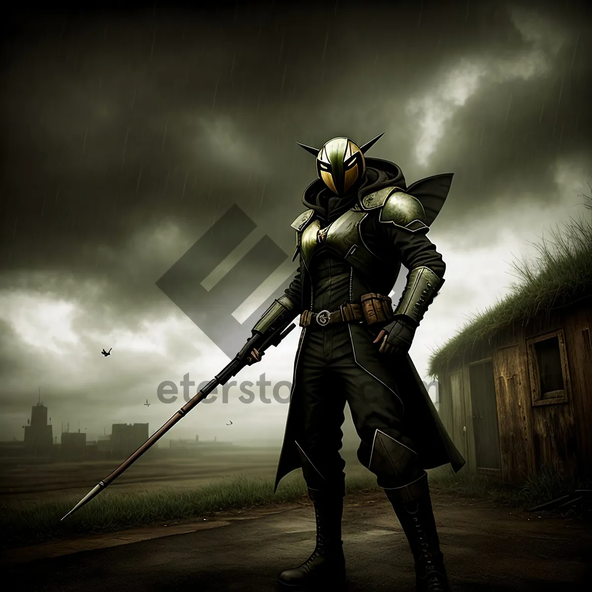 Picture of Sword-wielding man on horseback amidst vast sky.