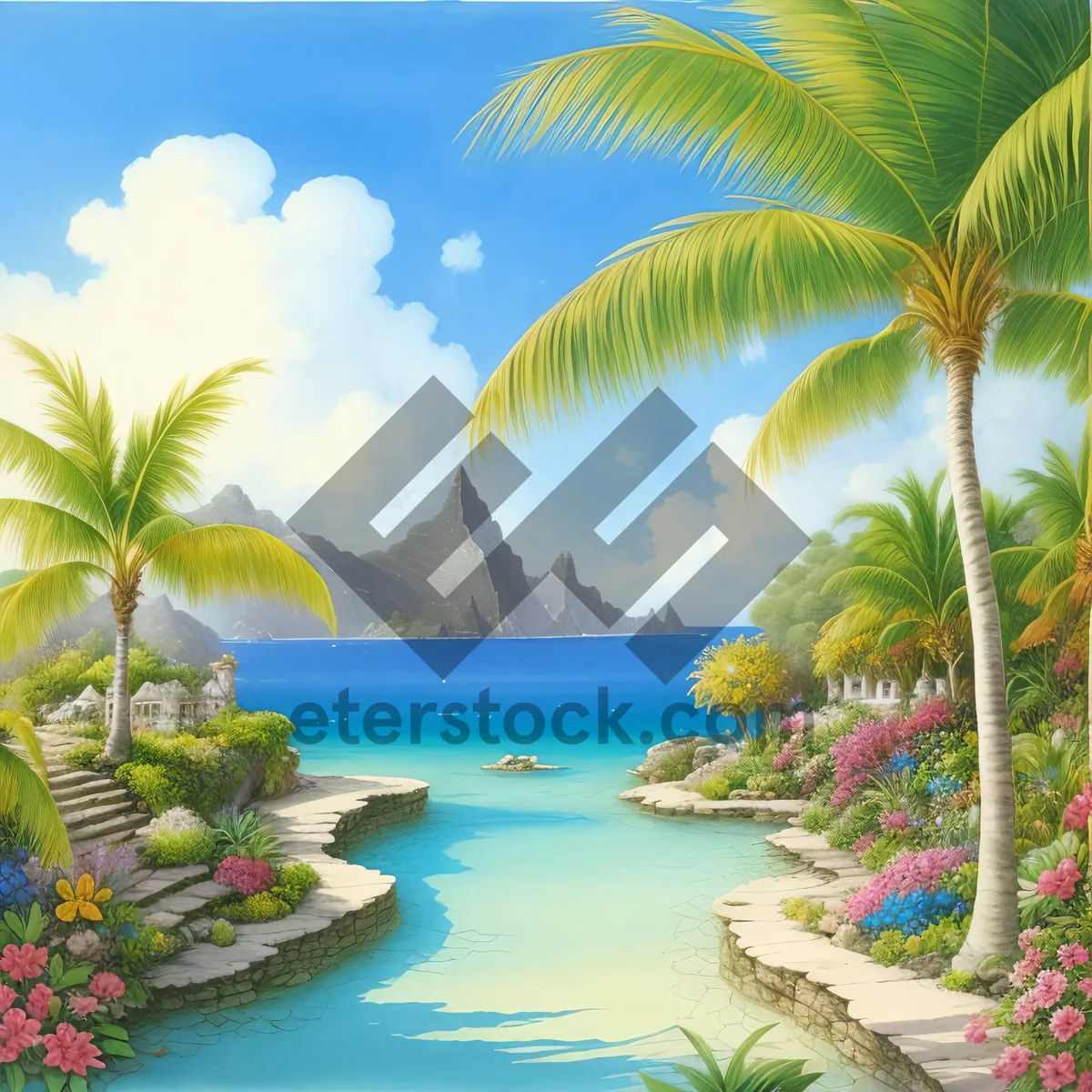Picture of Tropical Oasis: Palm trees sway on sandy beach