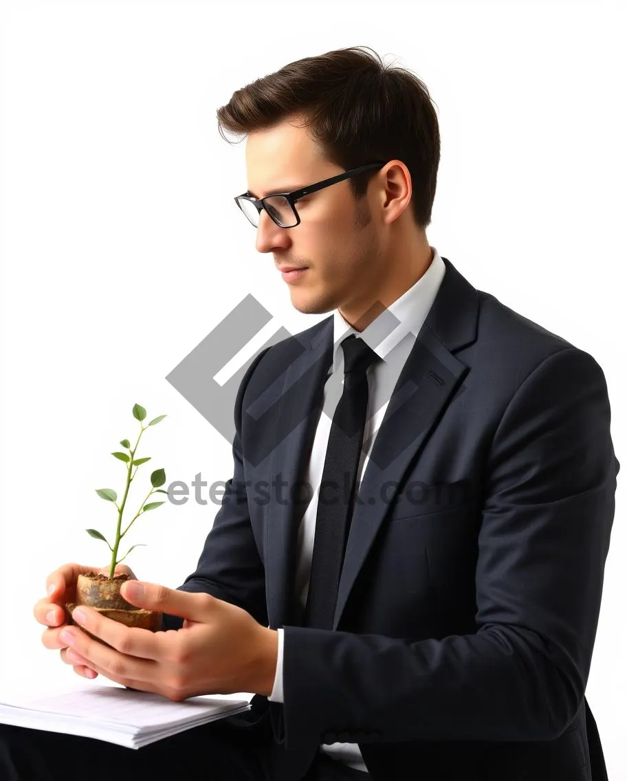 Picture of Successful businessman in corporate office with laptop smiling.