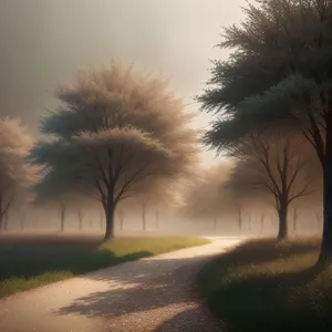 Sunset Over Rural Landscape with Tree and Asphalt Road