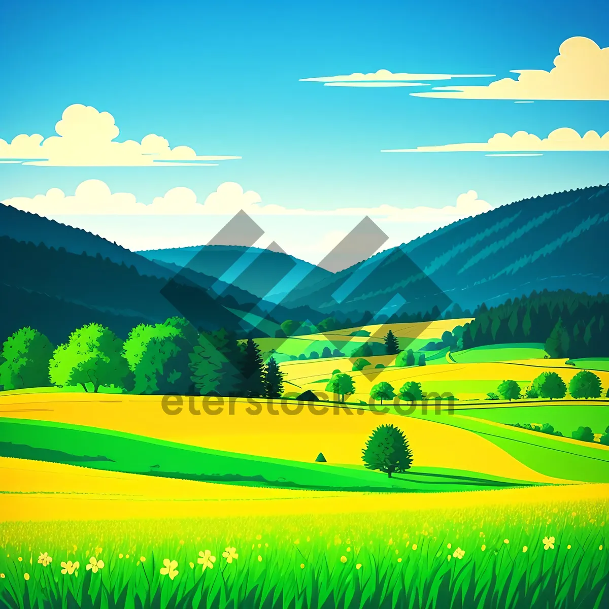 Picture of Sunny Countryside Landscape with Colorful Fields and Majestic Sky