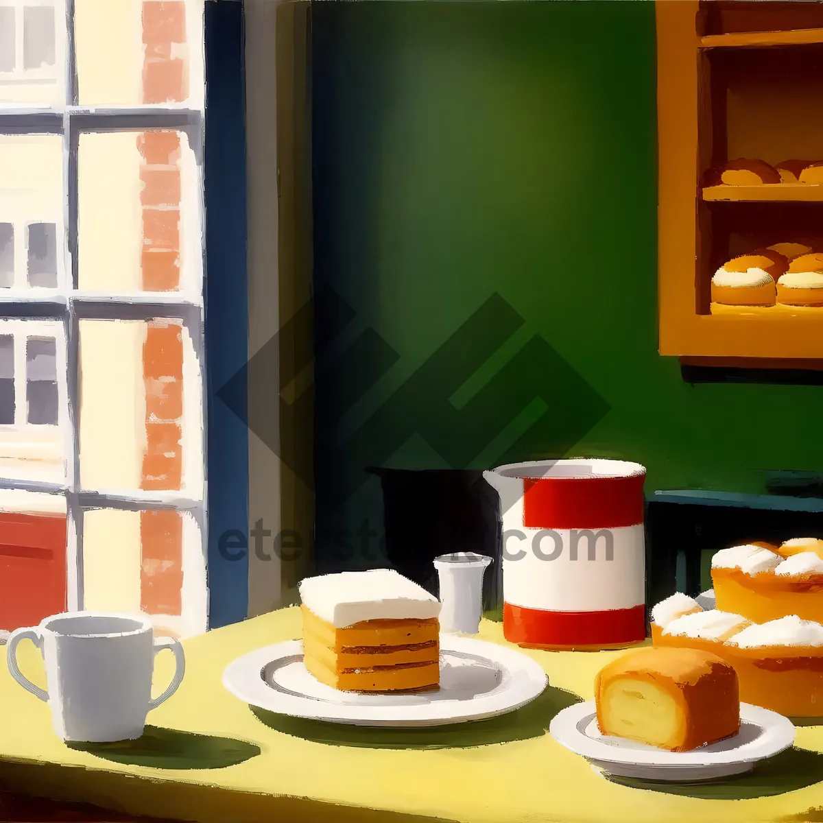 Picture of Morning Delights: Coffee and Breakfast Spread on Table