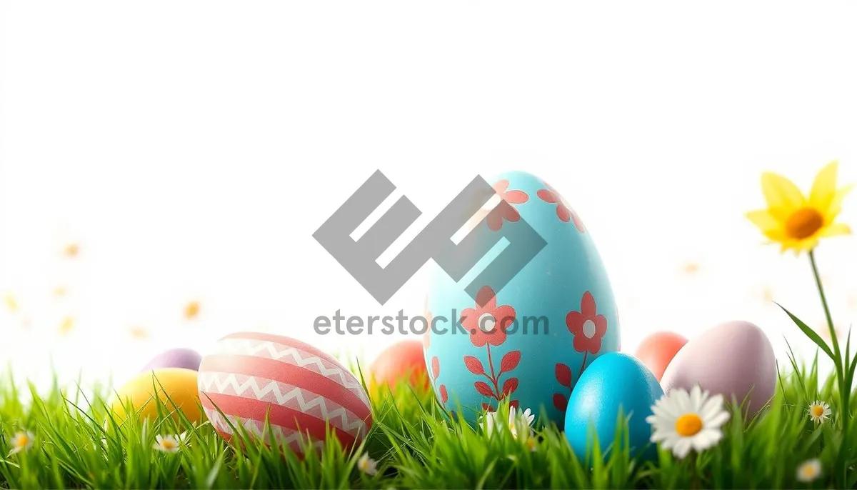 Picture of Symbolic Easter globe with decorative eggs on grass