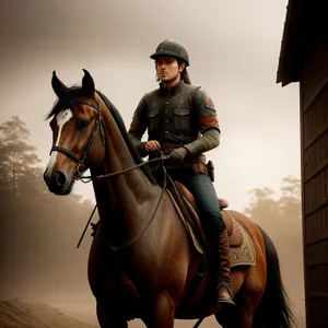 Thoroughbred stallion wearing bridle and saddle.